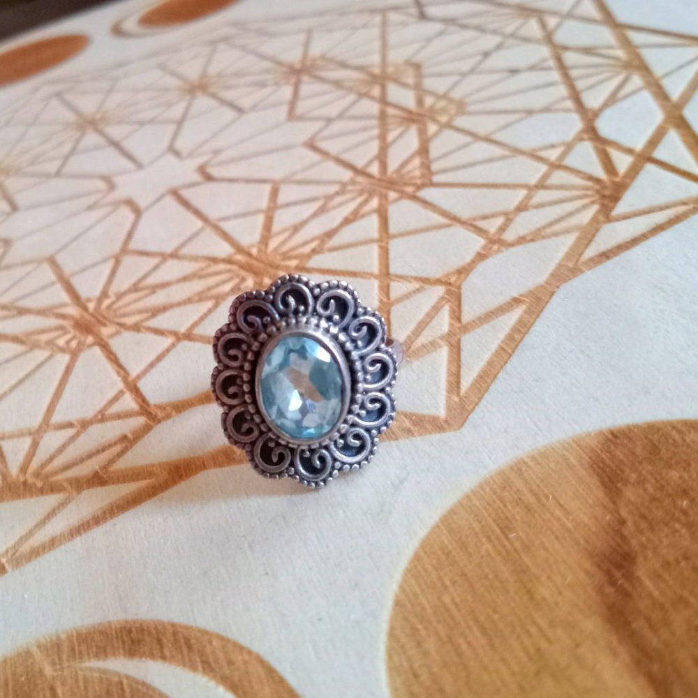 Sterling Aquamarine Flower Ring Size 6